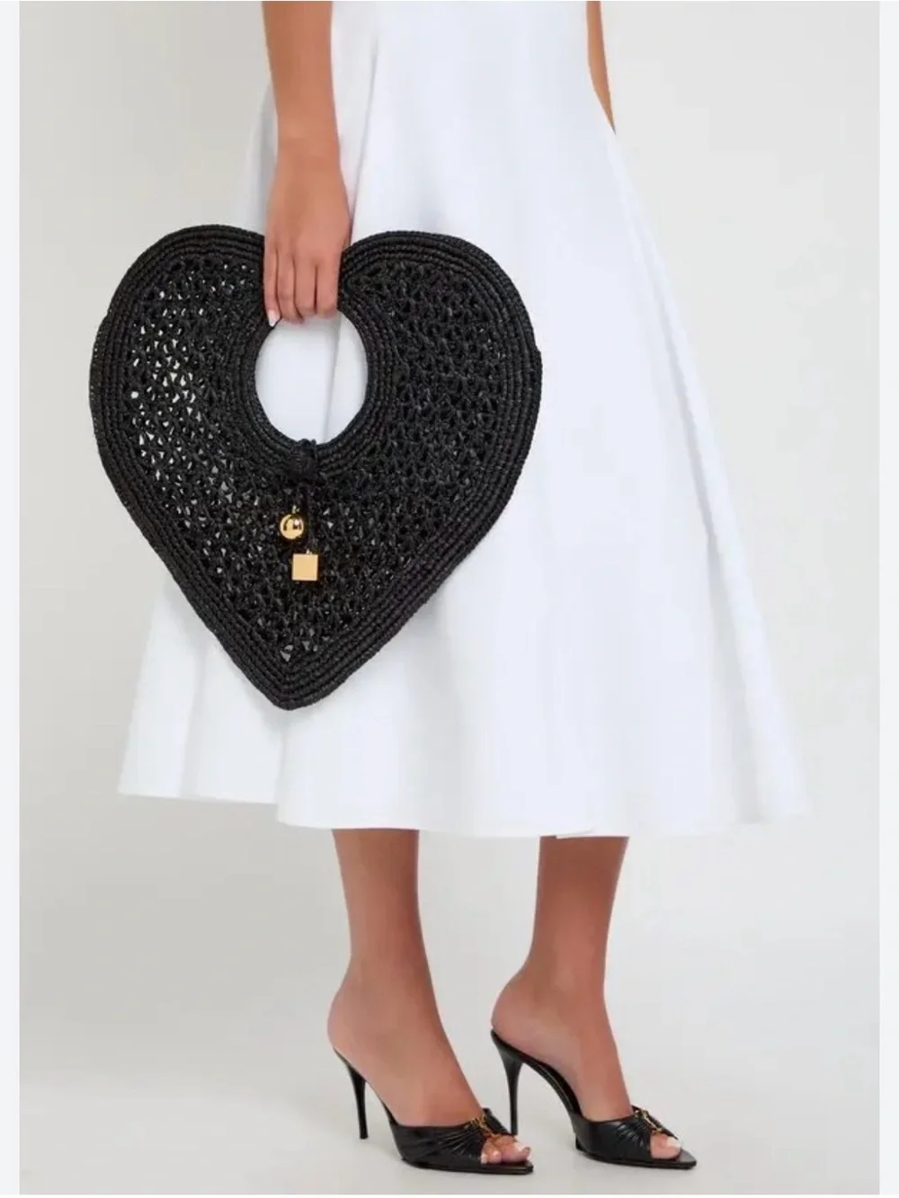 Jacquemus Black Heart-Shaped Woven Tote with Gold Charm